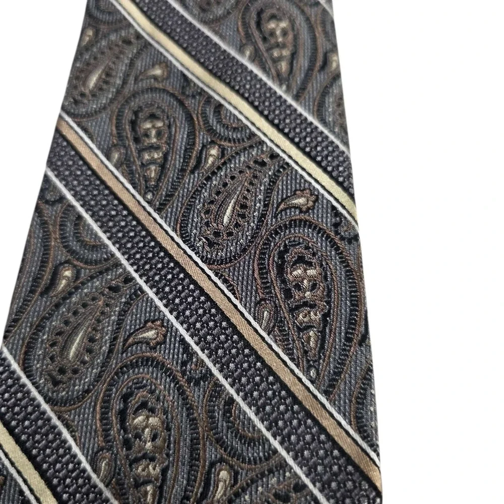 Pronto Uomo Platinum Paisley Silk Tie Mens Woven Striped Pattern Gray‎ Gold